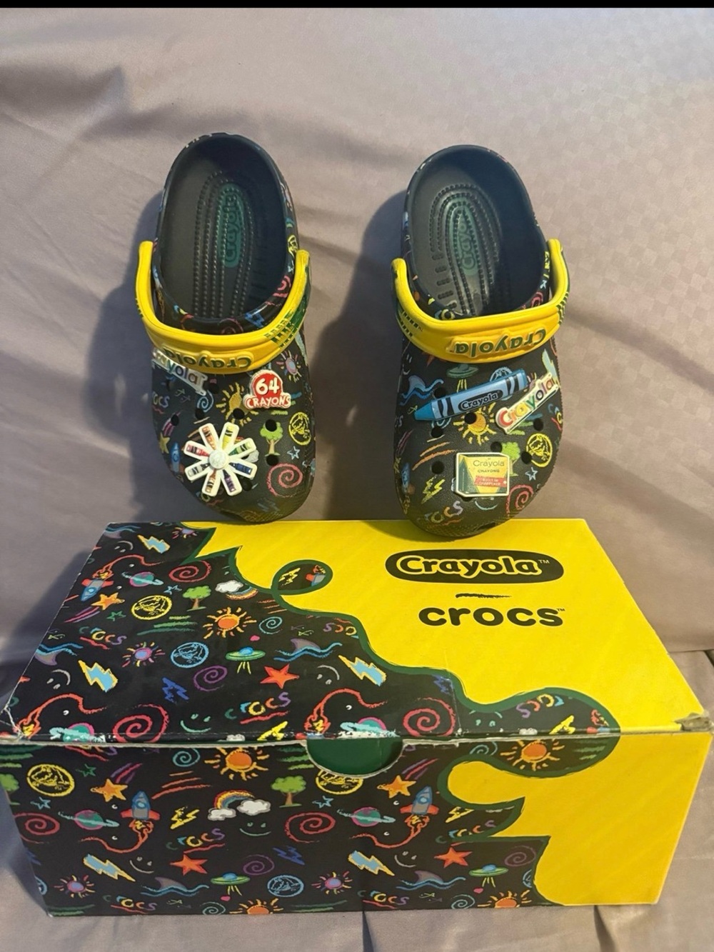 Crayola Black Kids Clogs with Yellow Strap and Multicolor Art